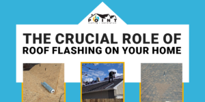 3 different image, one of roof deck, one of a worker on a roof installing shingles, and one of shingles on a roof and text: The Crucial Role of Roof Flashing On Your Home:
